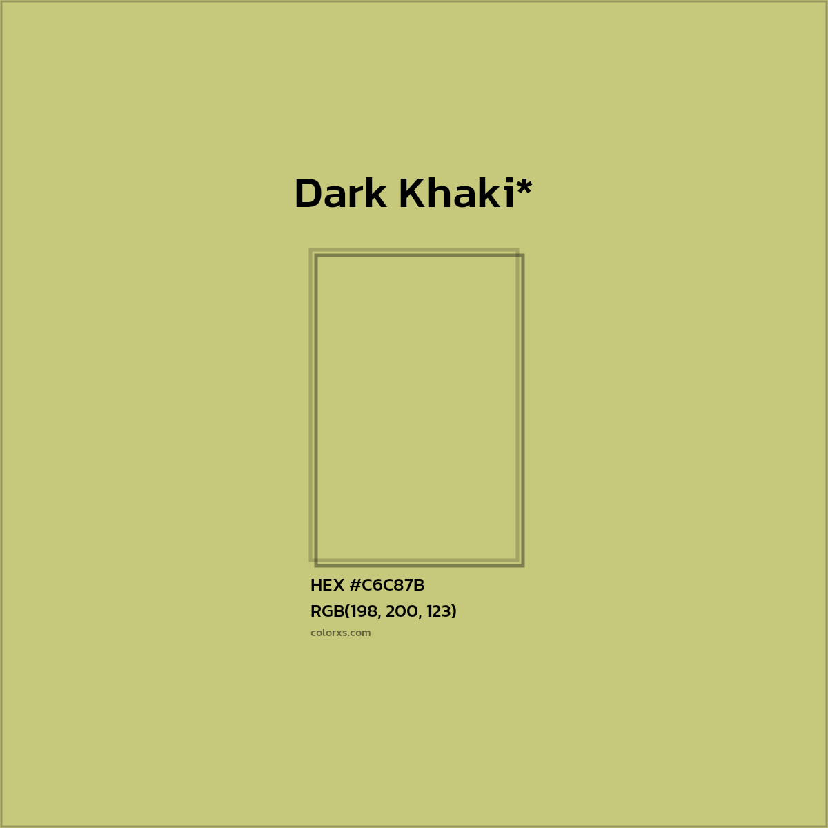 #C6C87B hex color. RGB, RYB, CMYK, HSL, HSV codes and color conversions. Matching color names, palettes, paints.