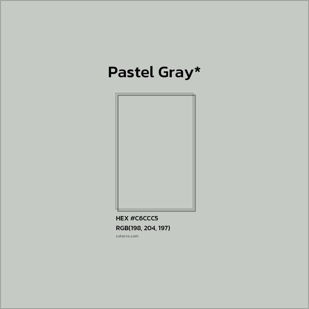 #C6CCC5 hex color. RGB, RYB, CMYK, HSL, HSV codes and color conversions. Matching color names, palettes, paints.