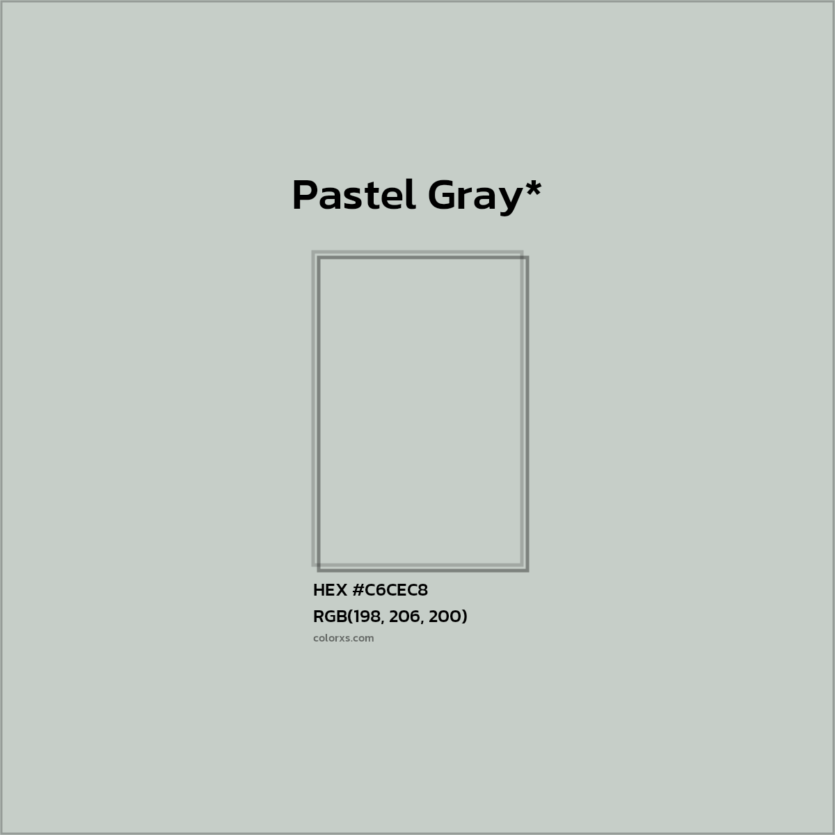 #C6CEC8 hex color. RGB, RYB, CMYK, HSL, HSV codes and color conversions. Matching color names, palettes, paints.