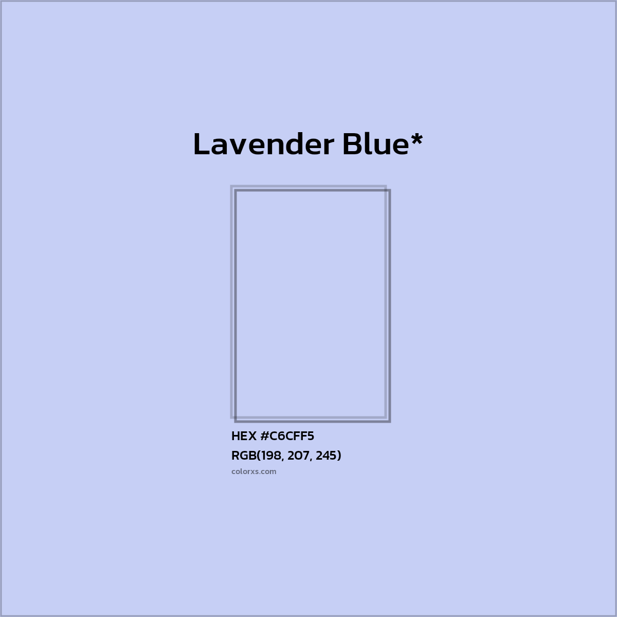 #C6CFF5 hex color. RGB, RYB, CMYK, HSL, HSV codes and color conversions. Matching color names, palettes, paints.