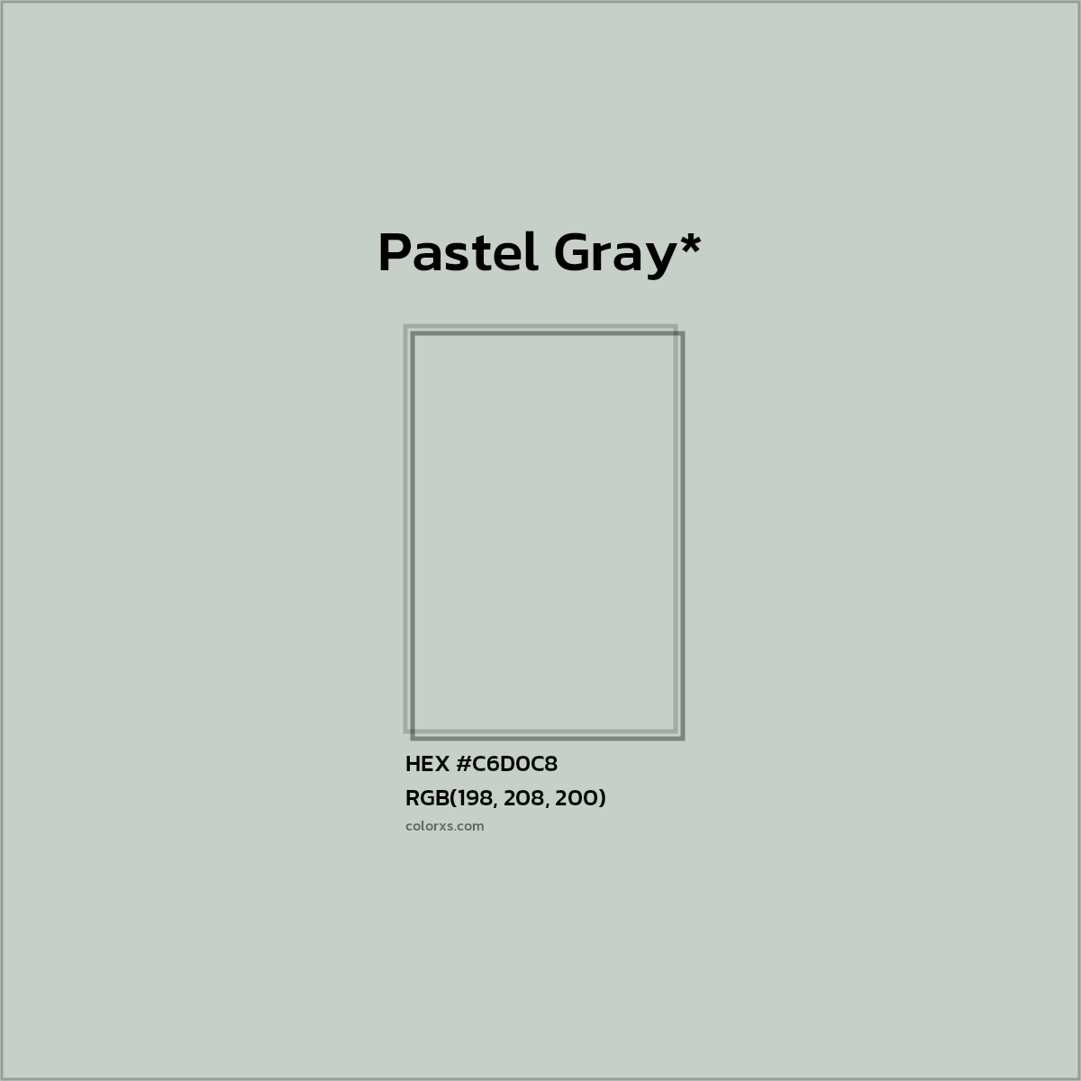 #C6D0C8 hex color. RGB, RYB, CMYK, HSL, HSV codes and color conversions. Matching color names, palettes, paints.