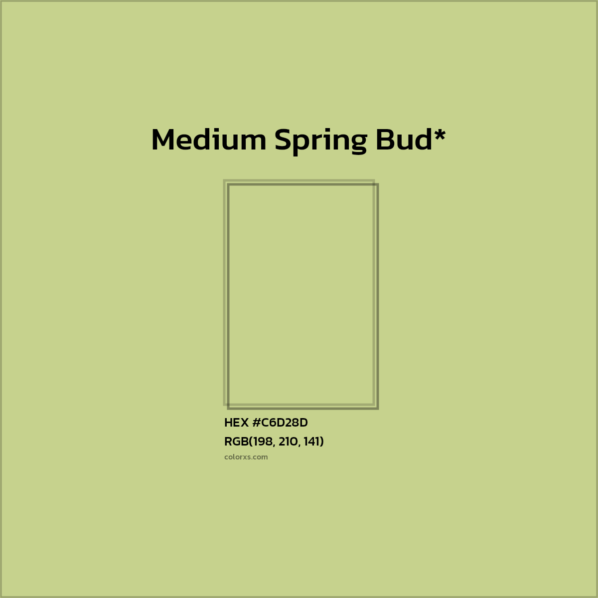 #C6D28D hex color. RGB, RYB, CMYK, HSL, HSV codes and color conversions. Matching color names, palettes, paints.