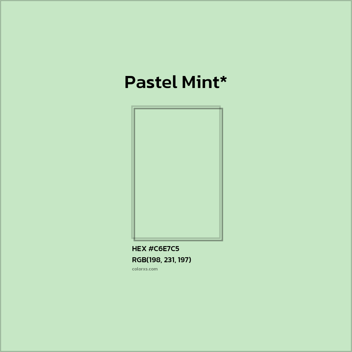 #C6E7C5 hex color. RGB, RYB, CMYK, HSL, HSV codes and color conversions. Matching color names, palettes, paints.
