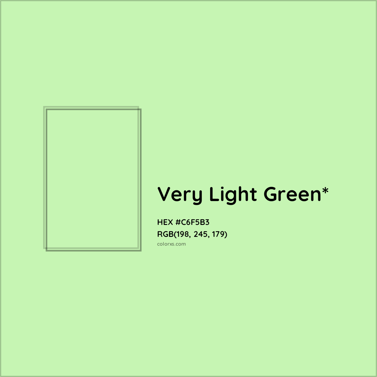#C6F5B3 hex color. RGB, RYB, CMYK, HSL, HSV codes and color conversions. Matching color names, palettes, paints.