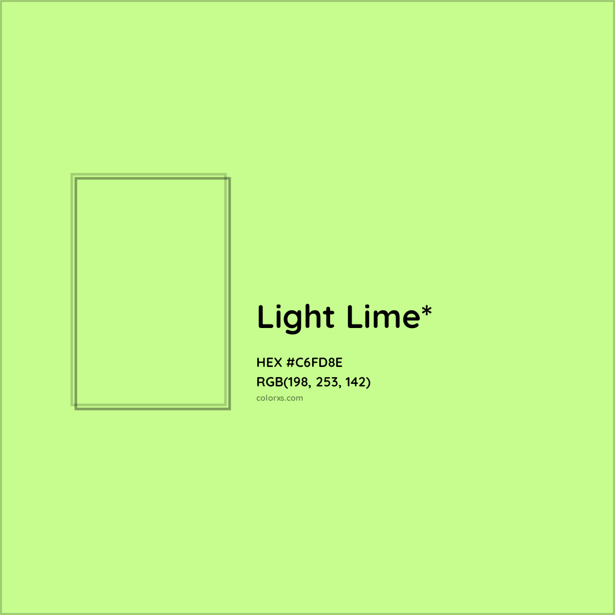#C6FD8E hex color. RGB, RYB, CMYK, HSL, HSV codes and color conversions. Matching color names, palettes, paints.