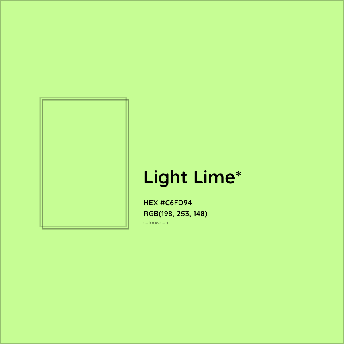 #C6FD94 hex color. RGB, RYB, CMYK, HSL, HSV codes and color conversions. Matching color names, palettes, paints.