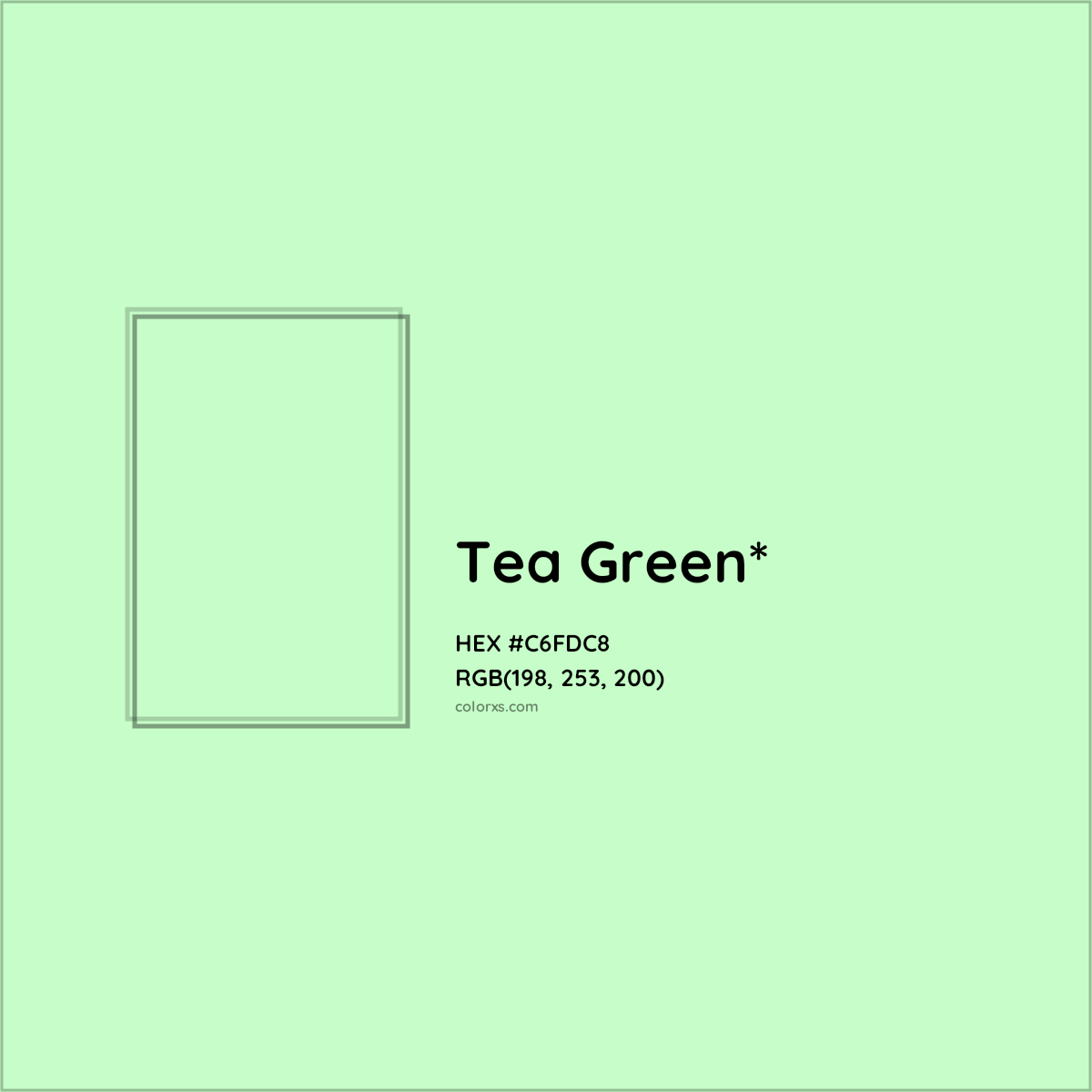 #C6FDC8 hex color. RGB, RYB, CMYK, HSL, HSV codes and color conversions. Matching color names, palettes, paints.