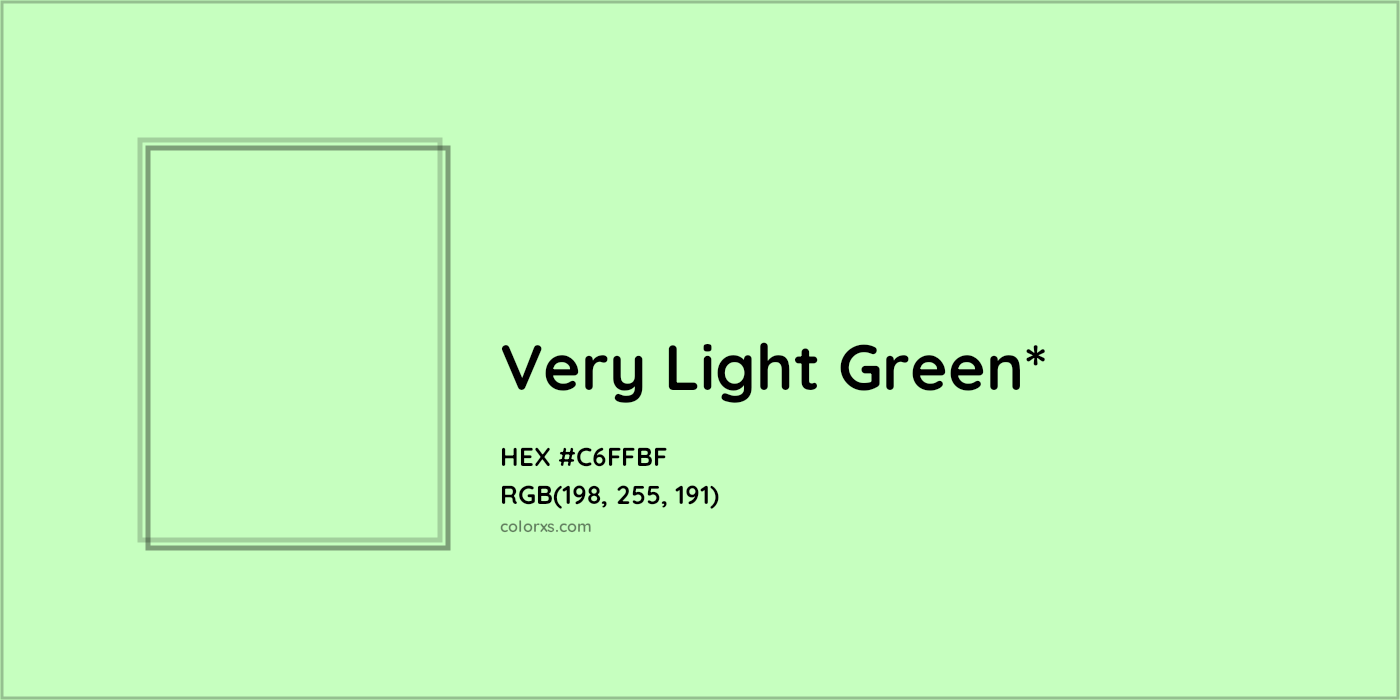 #C6FFBF hex color. RGB, RYB, CMYK, HSL, HSV codes and color conversions. Matching color names, palettes, paints.