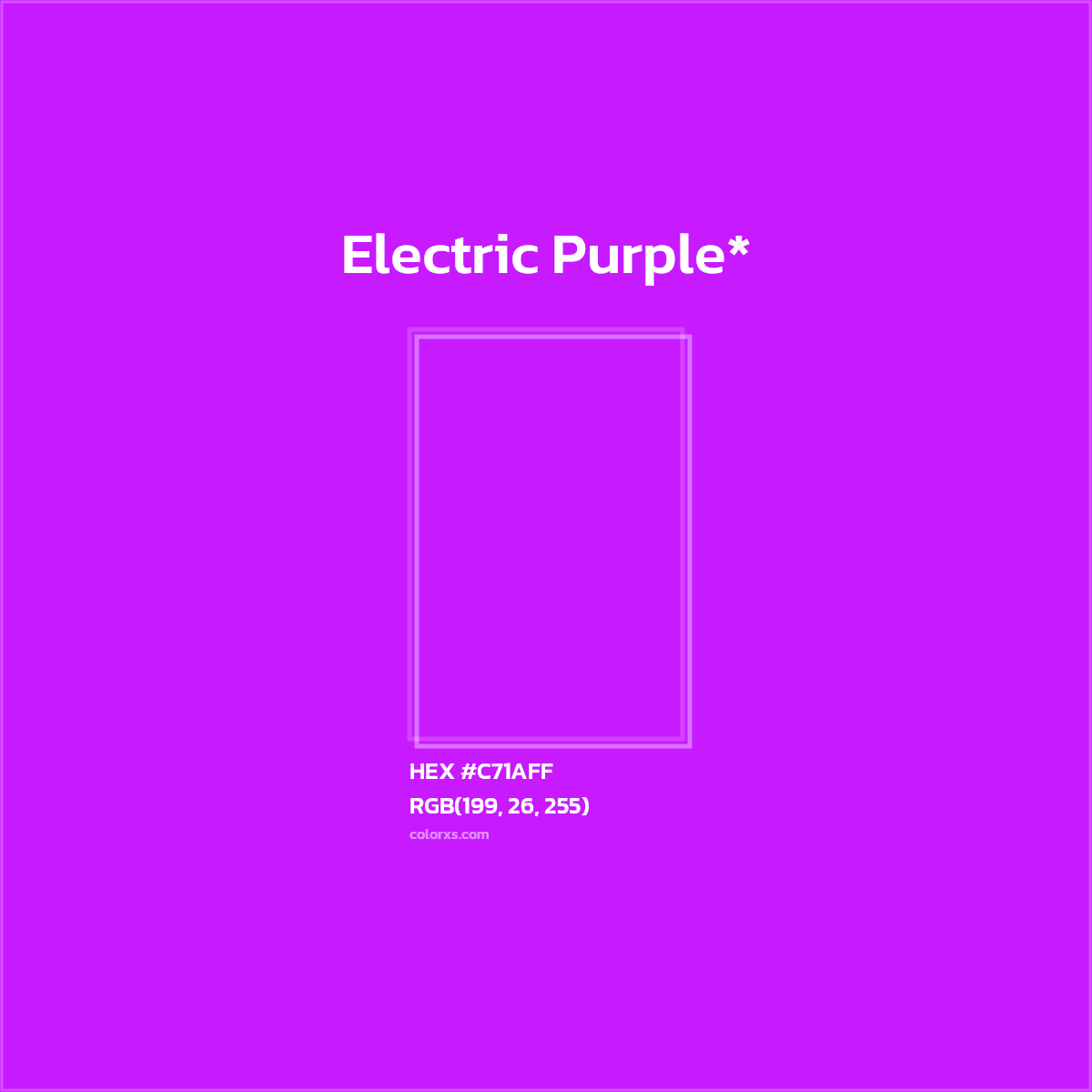 #C71AFF hex color. RGB, RYB, CMYK, HSL, HSV codes and color conversions. Matching color names, palettes, paints.