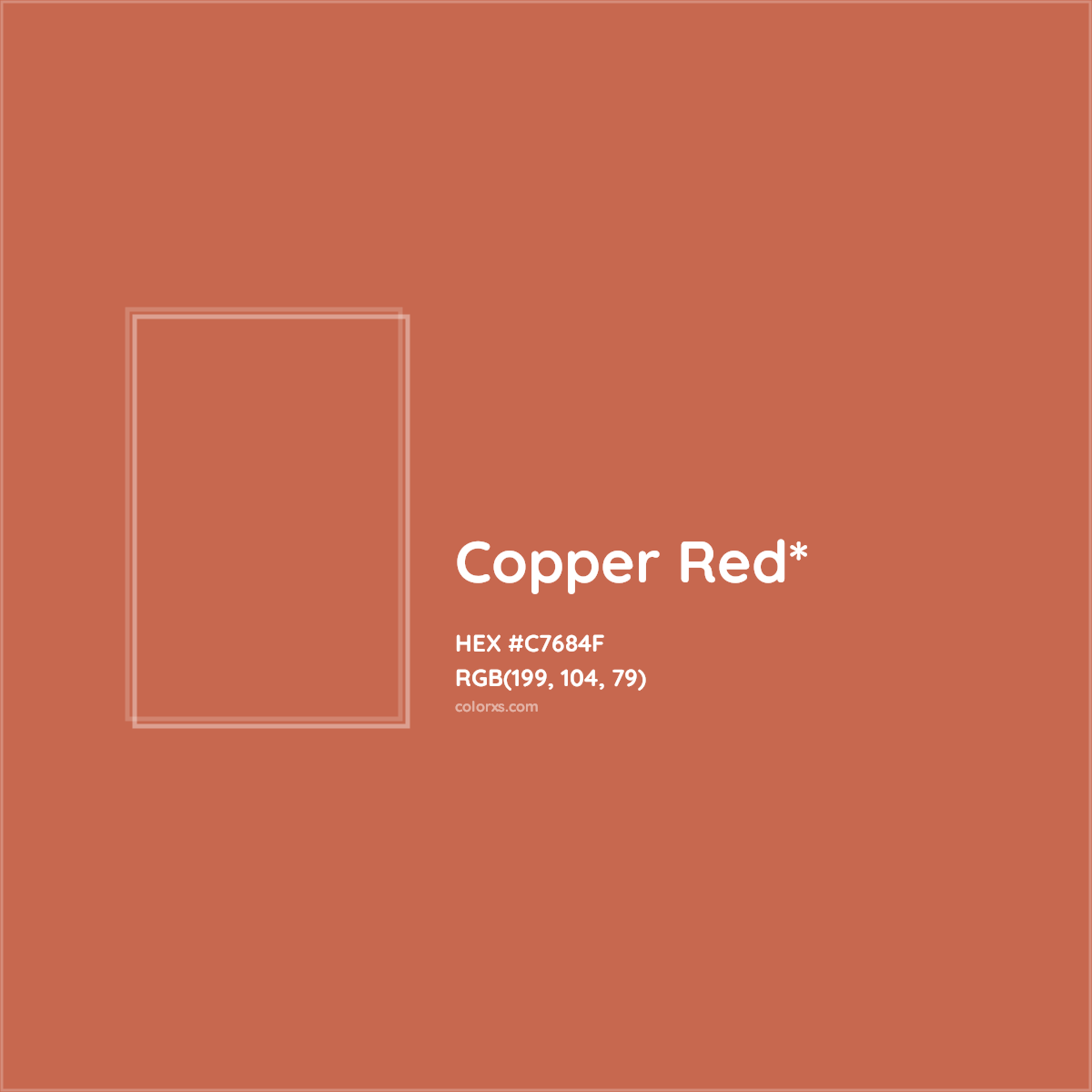 #C7684F hex color. RGB, RYB, CMYK, HSL, HSV codes and color conversions. Matching color names, palettes, paints.