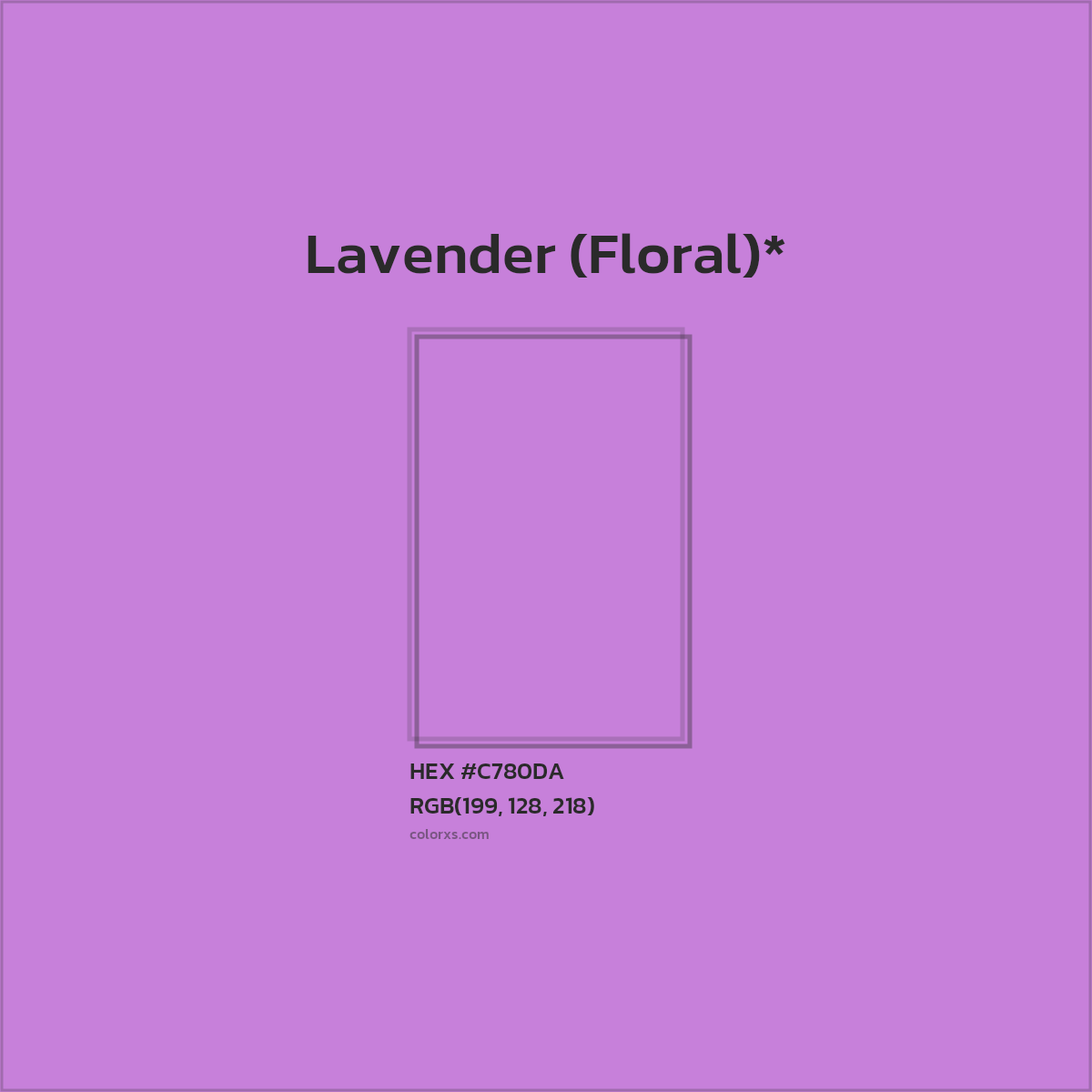#C780DA hex color. RGB, RYB, CMYK, HSL, HSV codes and color conversions. Matching color names, palettes, paints.