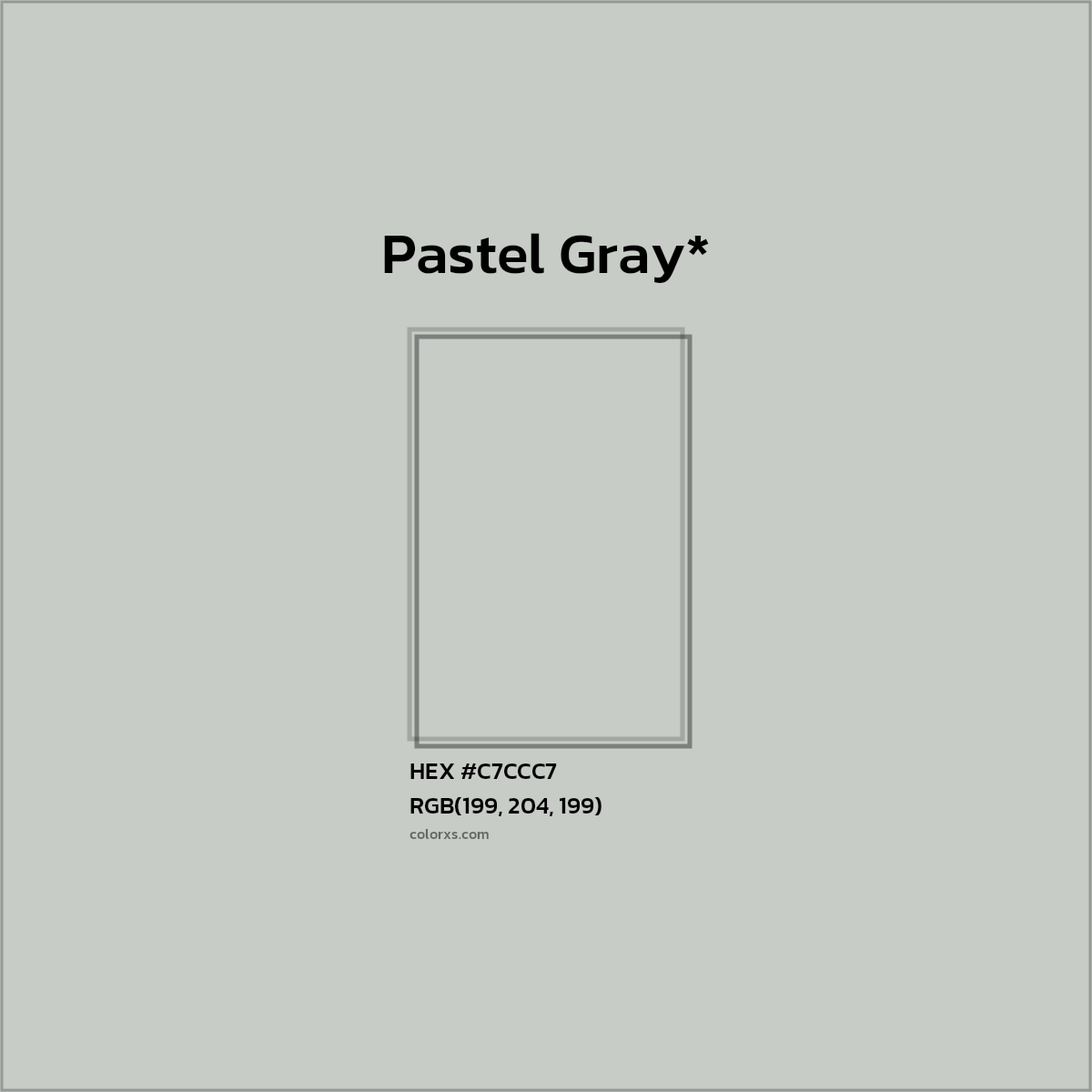 #C7CCC7 hex color. RGB, RYB, CMYK, HSL, HSV codes and color conversions. Matching color names, palettes, paints.