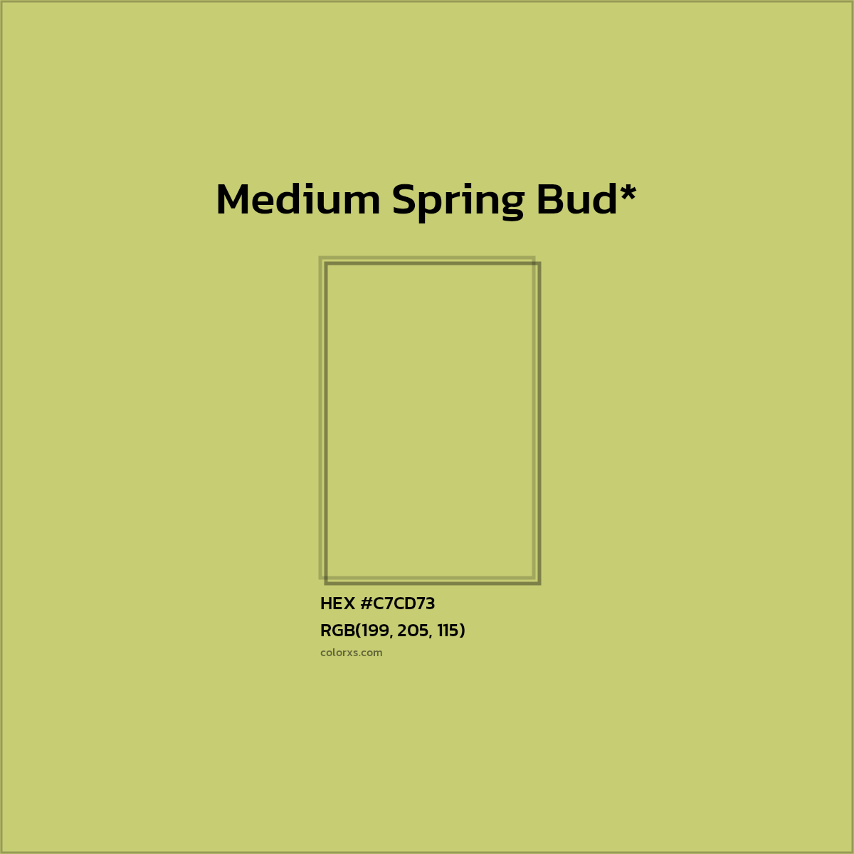#C7CD73 hex color. RGB, RYB, CMYK, HSL, HSV codes and color conversions. Matching color names, palettes, paints.