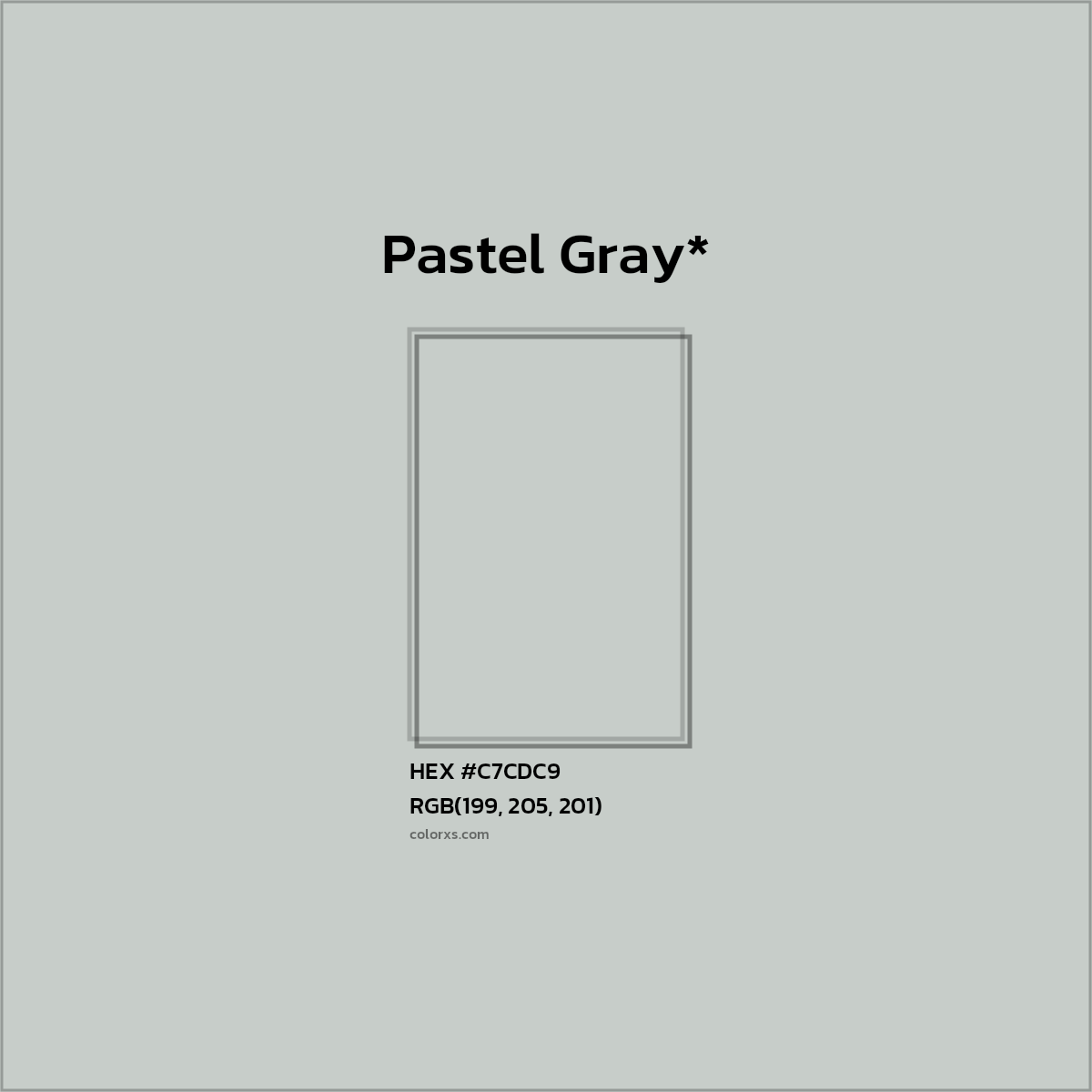 #C7CDC9 hex color. RGB, RYB, CMYK, HSL, HSV codes and color conversions. Matching color names, palettes, paints.