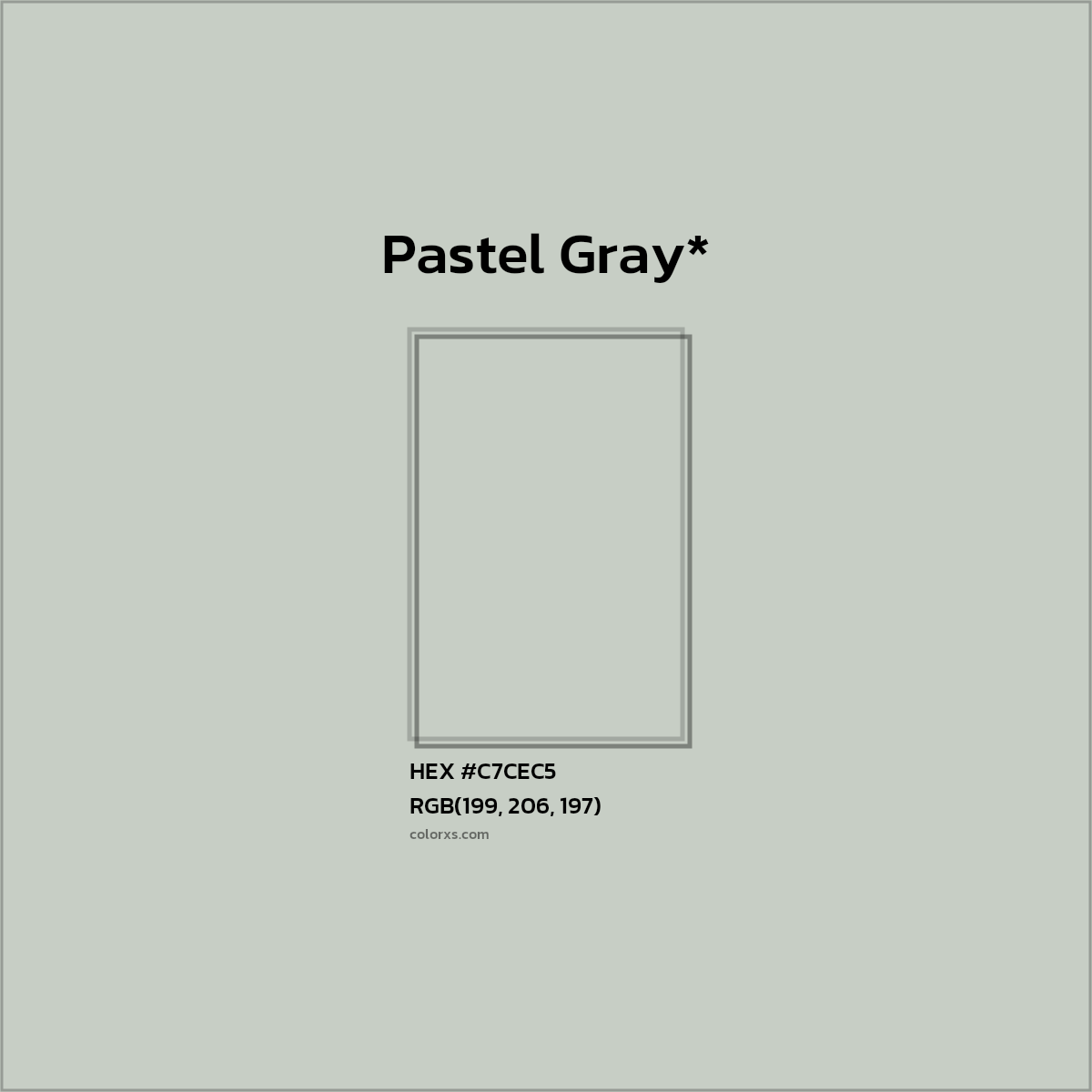 #C7CEC5 hex color. RGB, RYB, CMYK, HSL, HSV codes and color conversions. Matching color names, palettes, paints.