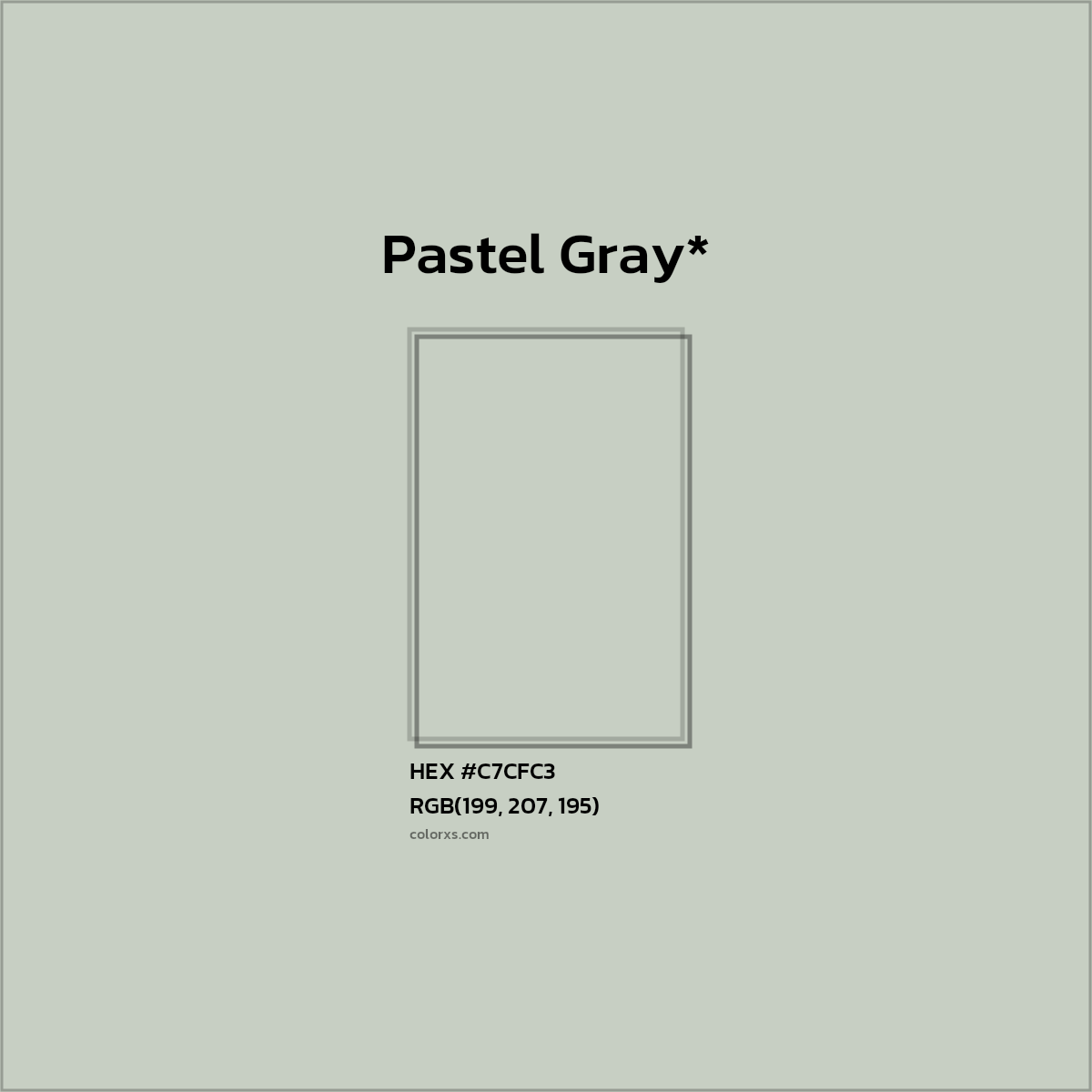 #C7CFC3 hex color. RGB, RYB, CMYK, HSL, HSV codes and color conversions. Matching color names, palettes, paints.