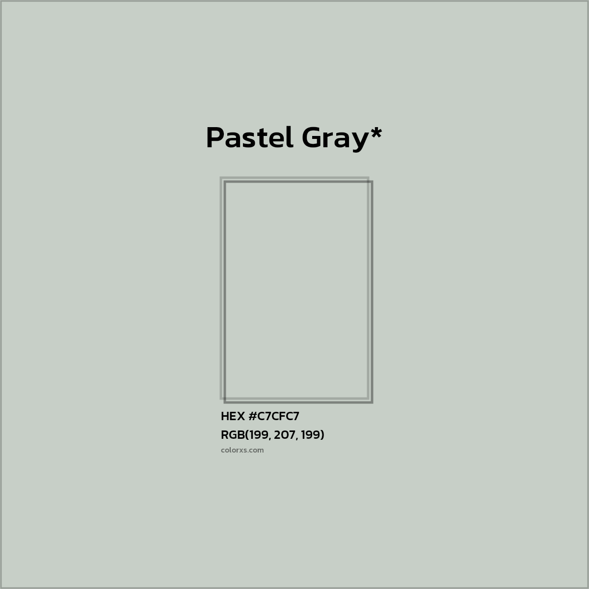 #C7CFC7 hex color. RGB, RYB, CMYK, HSL, HSV codes and color conversions. Matching color names, palettes, paints.