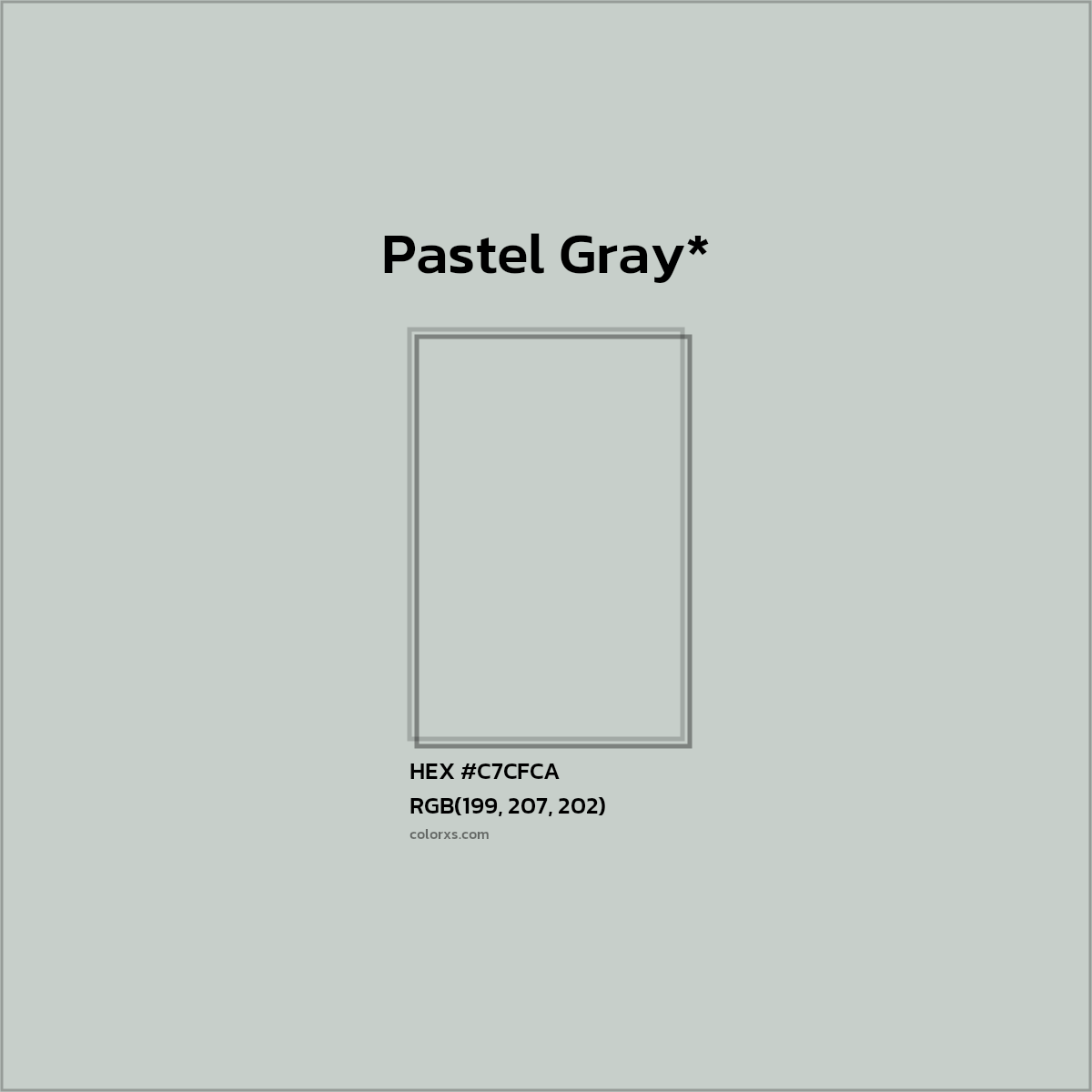 #C7CFCA hex color. RGB, RYB, CMYK, HSL, HSV codes and color conversions. Matching color names, palettes, paints.