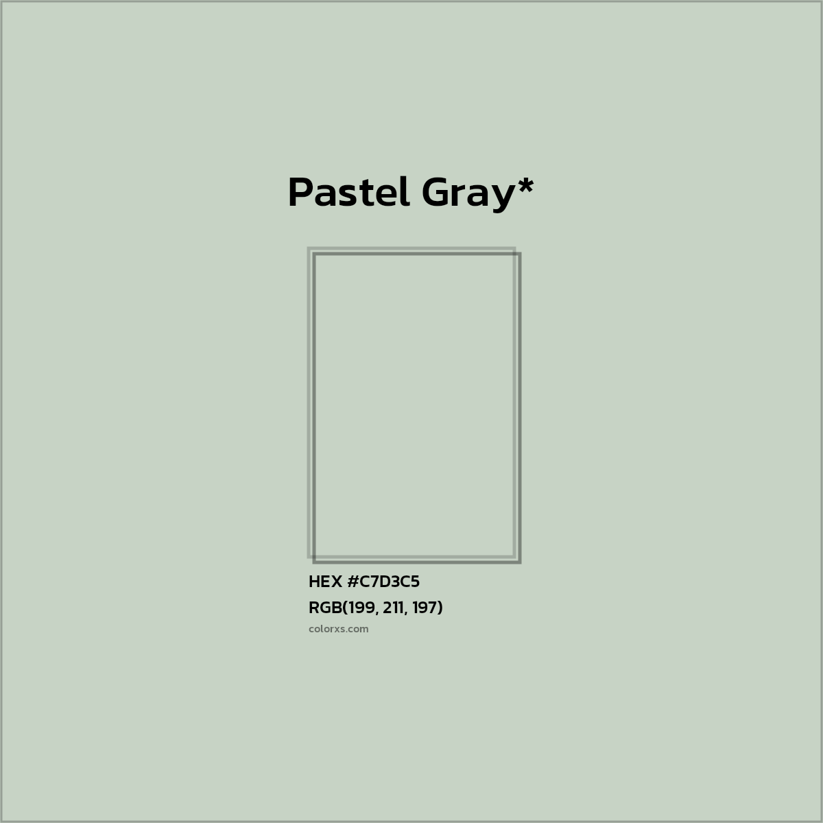 #C7D3C5 hex color. RGB, RYB, CMYK, HSL, HSV codes and color conversions. Matching color names, palettes, paints.