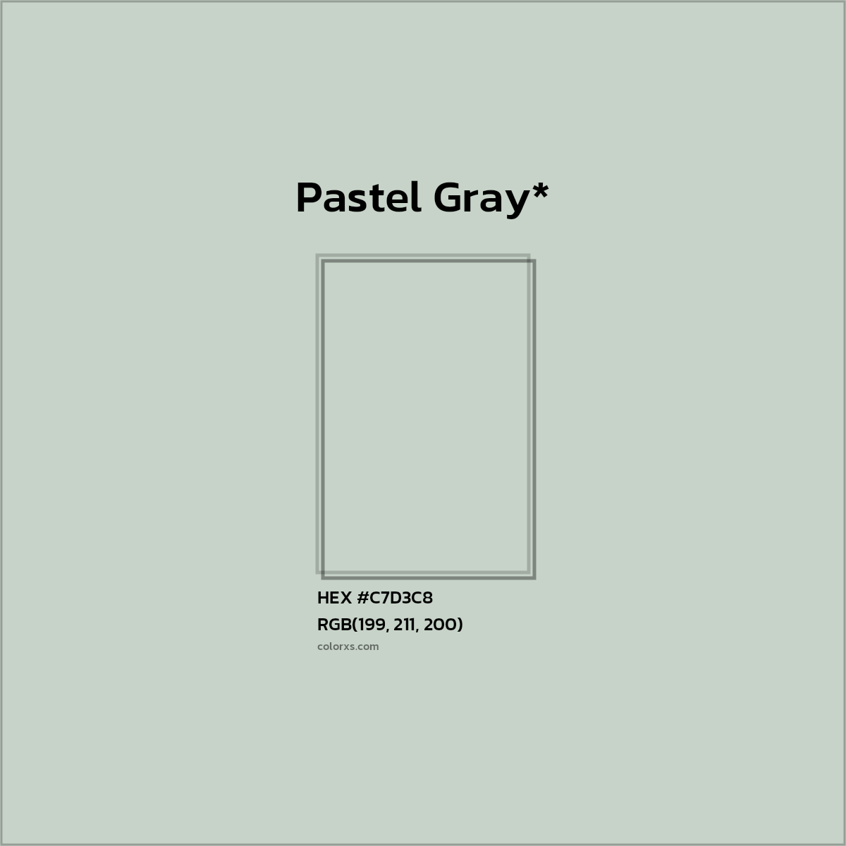 #C7D3C8 hex color. RGB, RYB, CMYK, HSL, HSV codes and color conversions. Matching color names, palettes, paints.