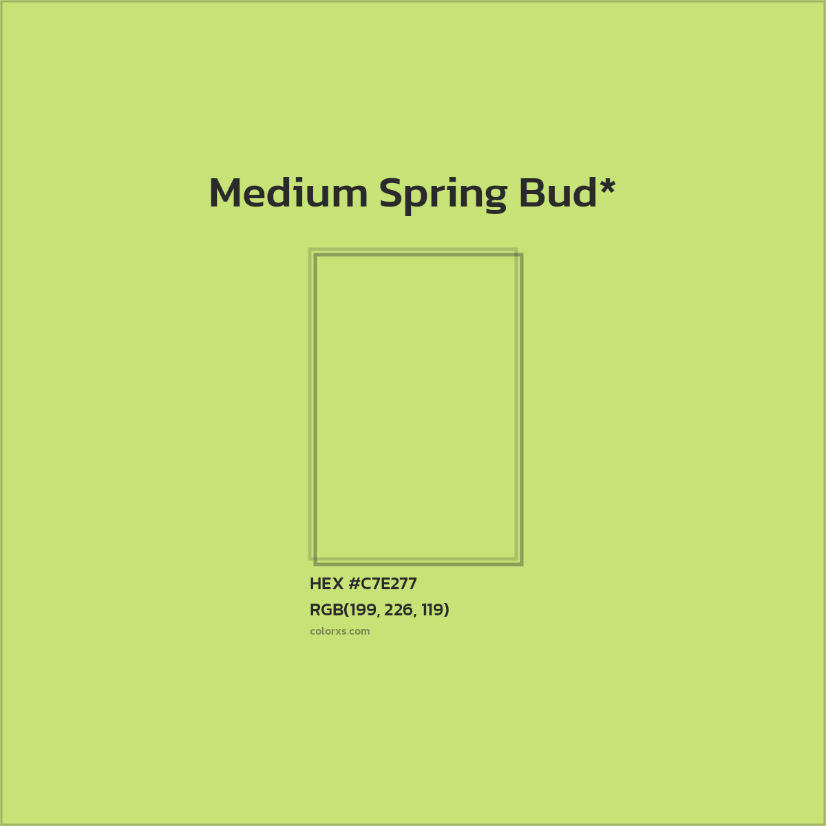 #C7E277 hex color. RGB, RYB, CMYK, HSL, HSV codes and color conversions. Matching color names, palettes, paints.