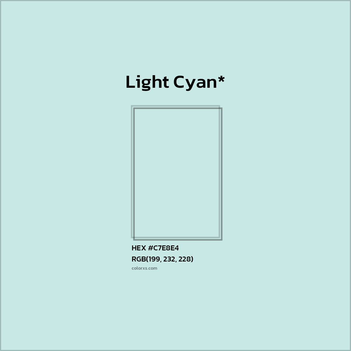 #C7E8E4 hex color. RGB, RYB, CMYK, HSL, HSV codes and color conversions. Matching color names, palettes, paints.