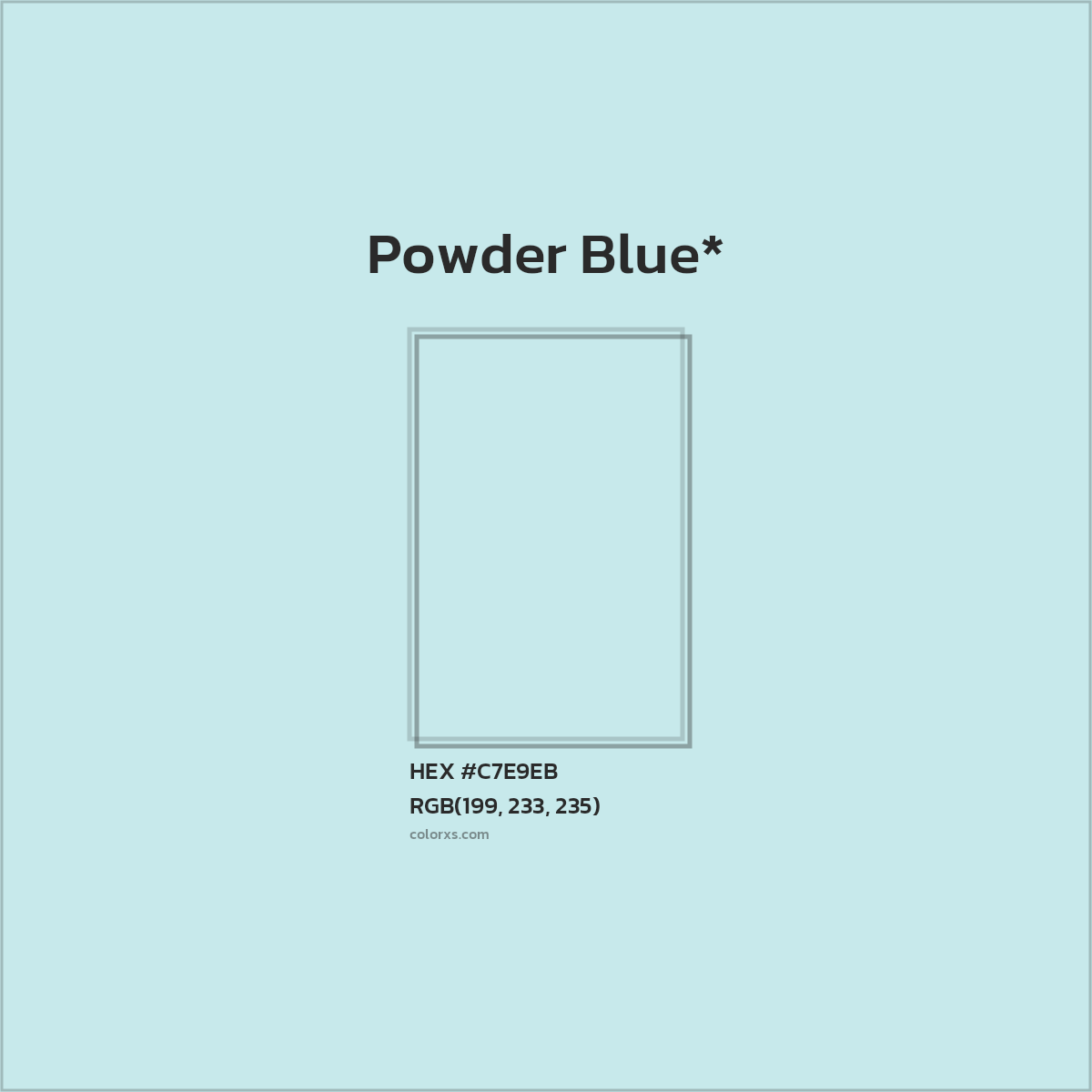 #C7E9EB hex color. RGB, RYB, CMYK, HSL, HSV codes and color conversions. Matching color names, palettes, paints.