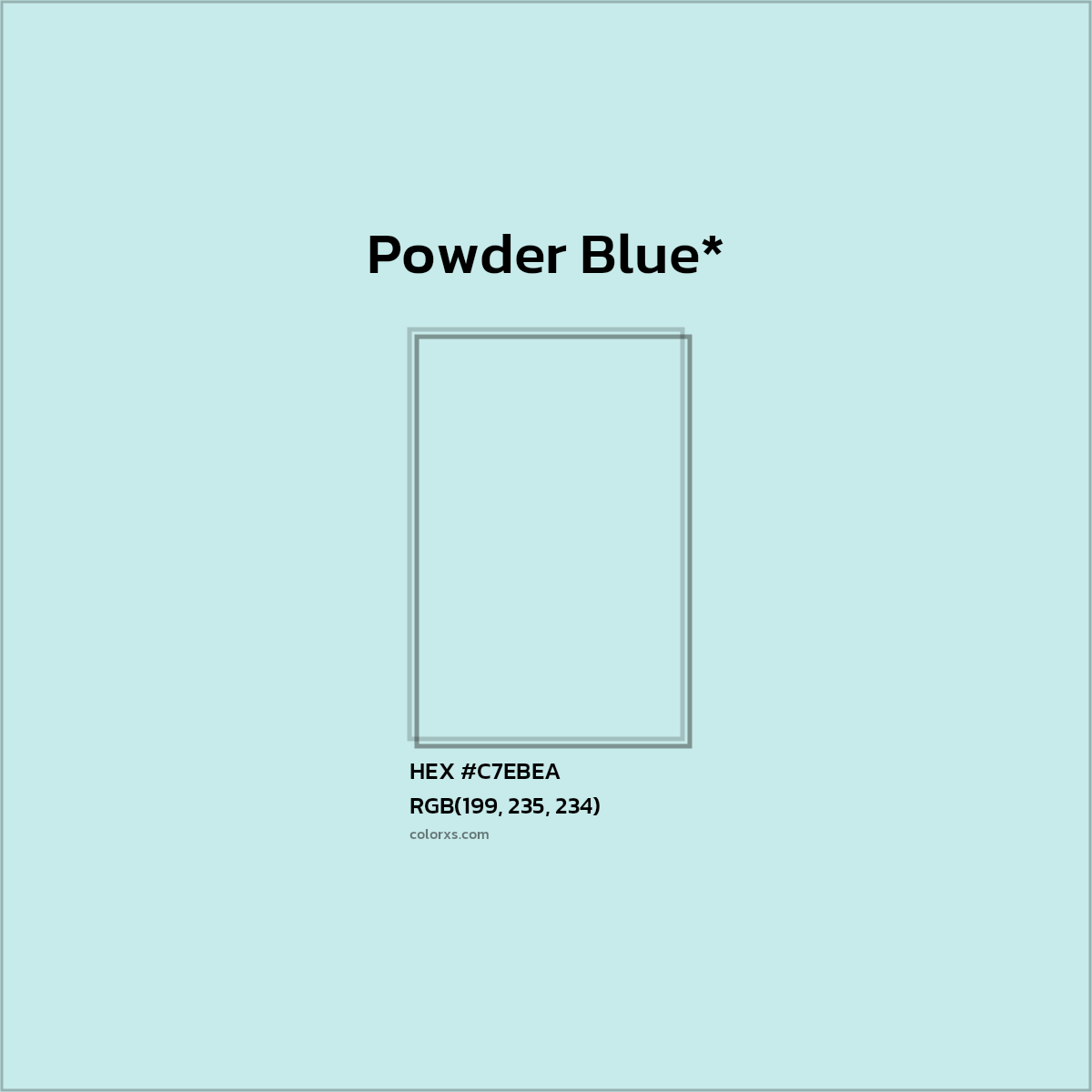 #C7EBEA hex color. RGB, RYB, CMYK, HSL, HSV codes and color conversions. Matching color names, palettes, paints.