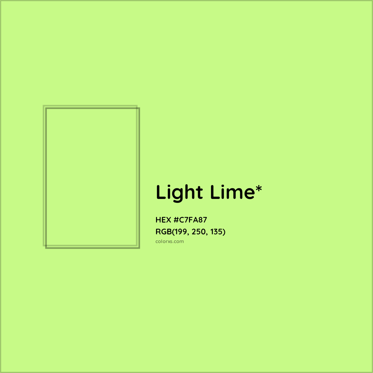 #C7FA87 hex color. RGB, RYB, CMYK, HSL, HSV codes and color conversions. Matching color names, palettes, paints.
