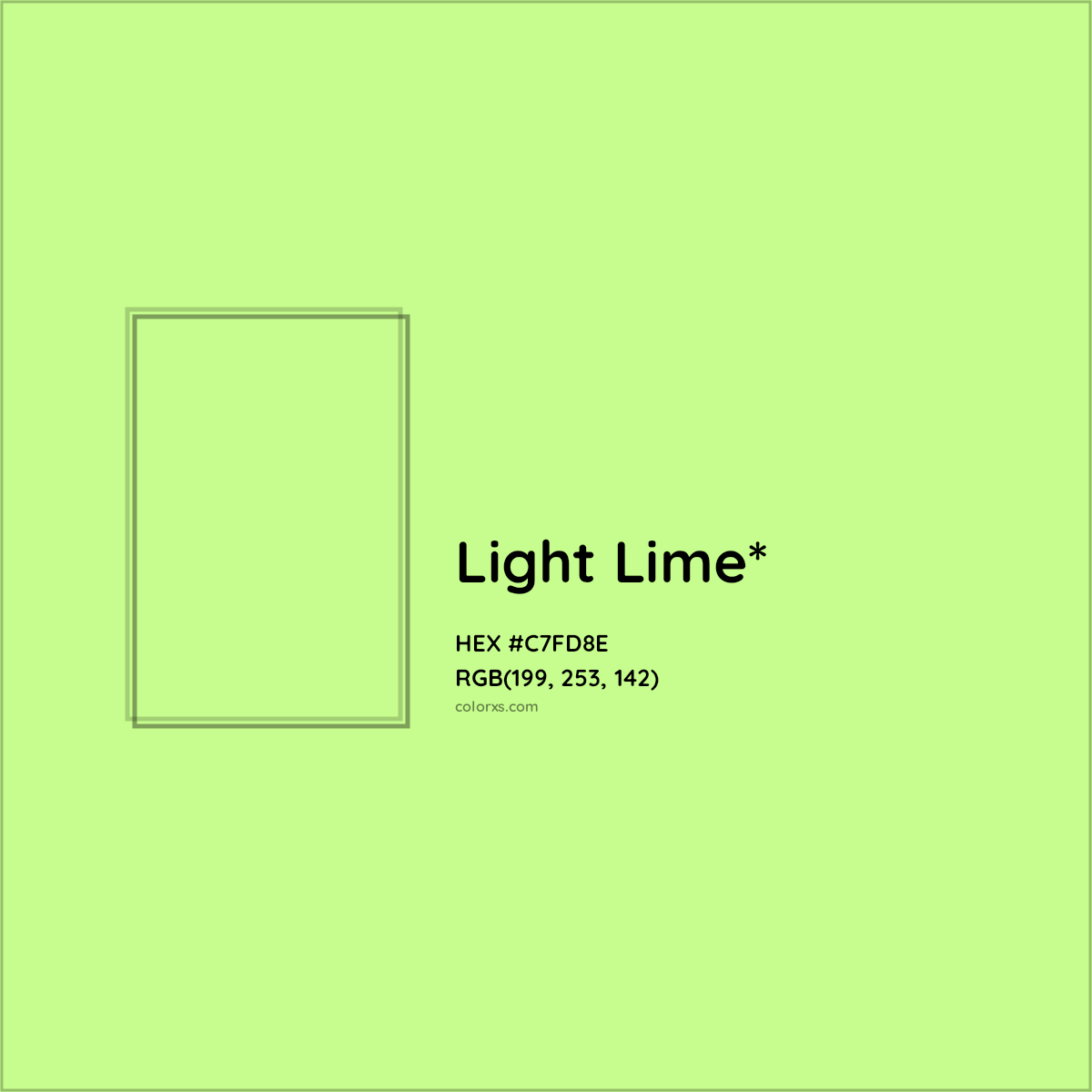#C7FD8E hex color. RGB, RYB, CMYK, HSL, HSV codes and color conversions. Matching color names, palettes, paints.