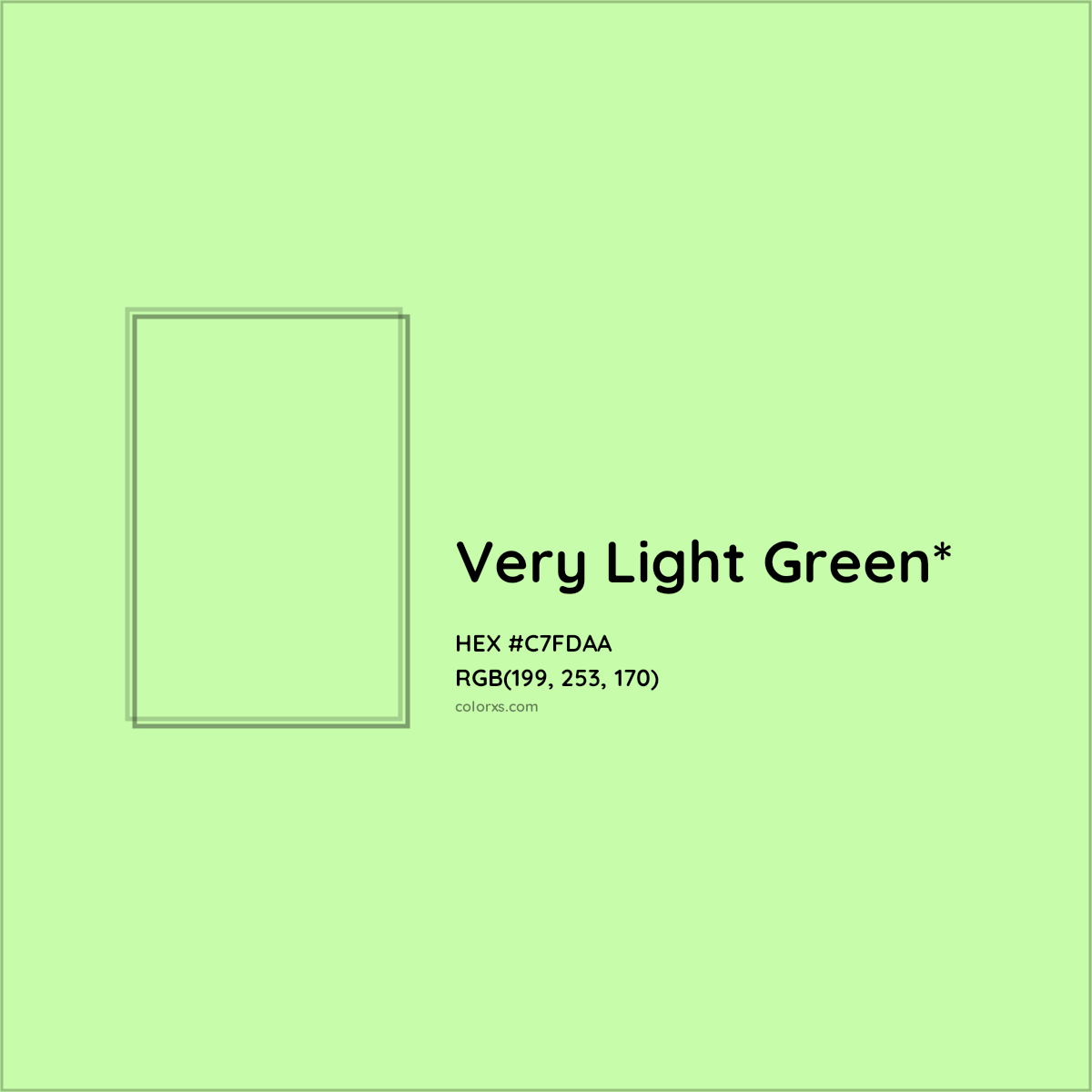 #C7FDAA hex color. RGB, RYB, CMYK, HSL, HSV codes and color conversions. Matching color names, palettes, paints.