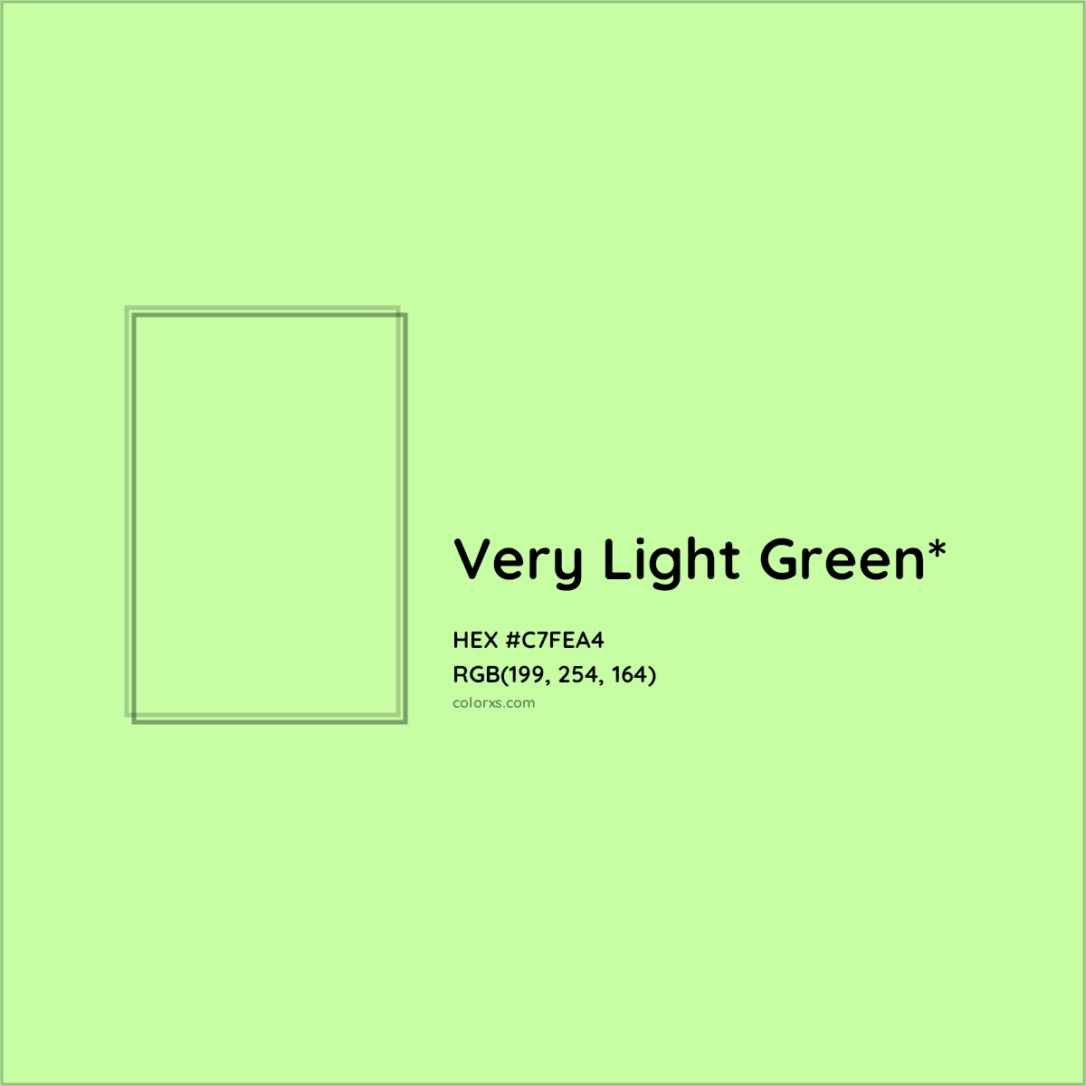 #C7FEA4 hex color. RGB, RYB, CMYK, HSL, HSV codes and color conversions. Matching color names, palettes, paints.