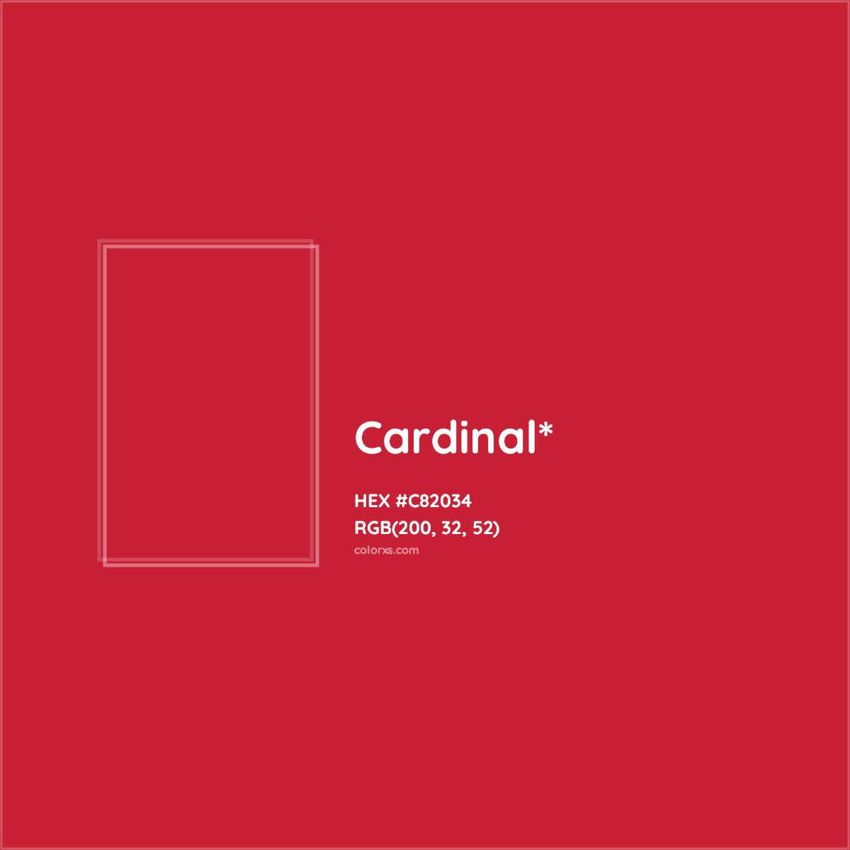 #C82034 hex color. RGB, RYB, CMYK, HSL, HSV codes and color conversions. Matching color names, palettes, paints.