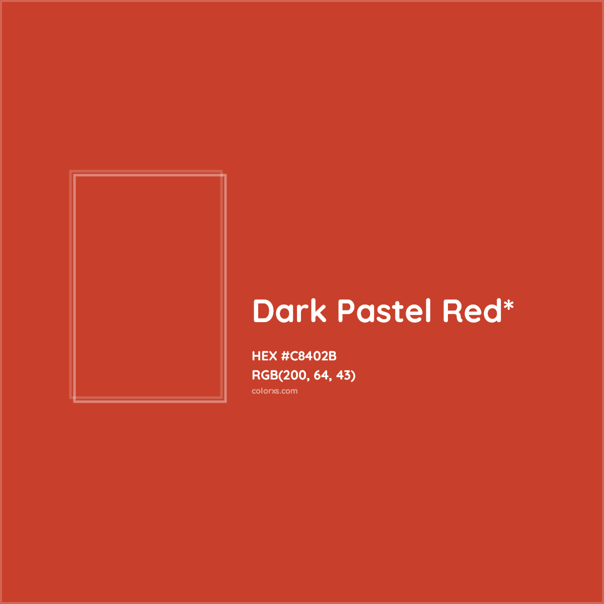 #C8402B hex color. RGB, RYB, CMYK, HSL, HSV codes and color conversions. Matching color names, palettes, paints.
