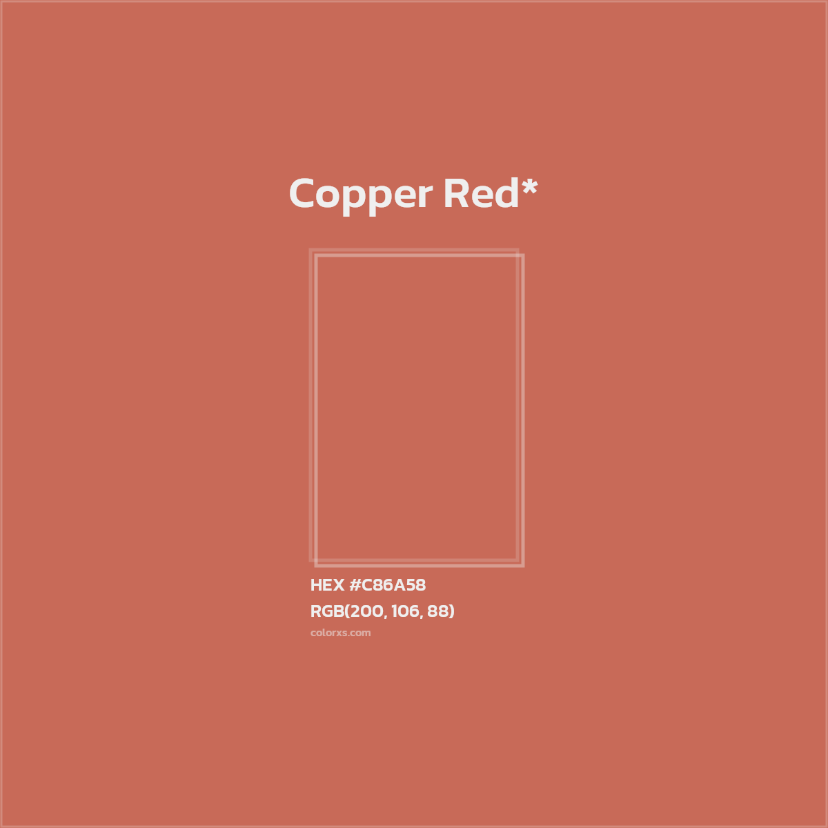 #C86A58 hex color. RGB, RYB, CMYK, HSL, HSV codes and color conversions. Matching color names, palettes, paints.