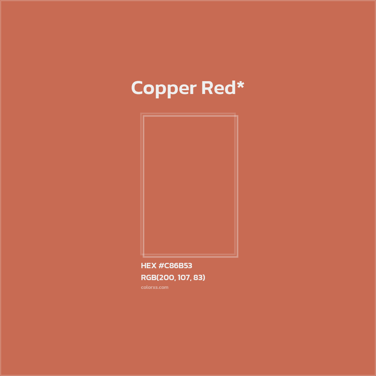 #C86B53 hex color. RGB, RYB, CMYK, HSL, HSV codes and color conversions. Matching color names, palettes, paints.