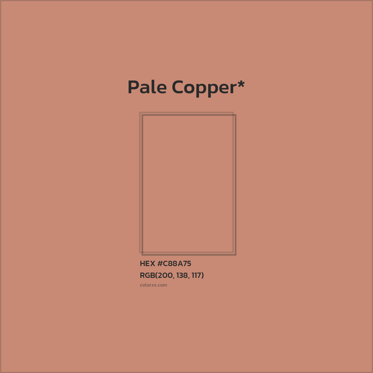 #C88A75 hex color. RGB, RYB, CMYK, HSL, HSV codes and color conversions. Matching color names, palettes, paints.