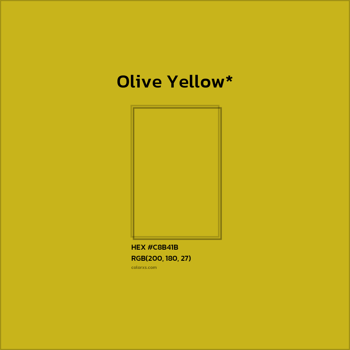 #C8B41B hex color. RGB, RYB, CMYK, HSL, HSV codes and color conversions. Matching color names, palettes, paints.