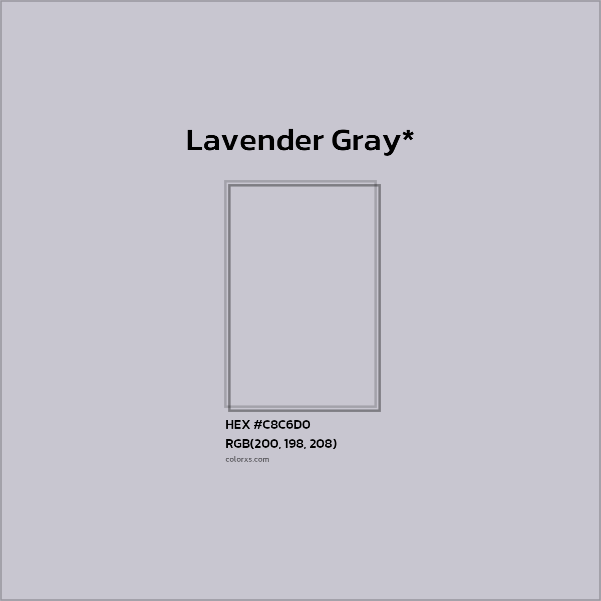 #C8C6D0 hex color. RGB, RYB, CMYK, HSL, HSV codes and color conversions. Matching color names, palettes, paints.