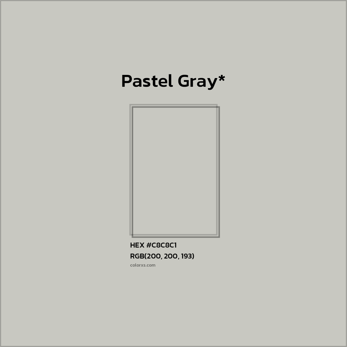 #C8C8C1 hex color. RGB, RYB, CMYK, HSL, HSV codes and color conversions. Matching color names, palettes, paints.
