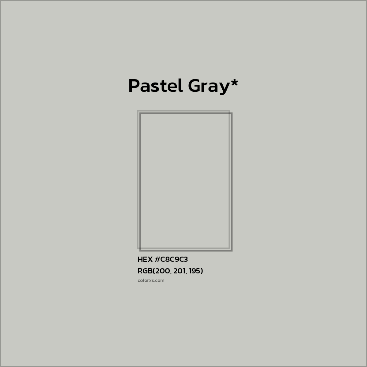 #C8C9C3 hex color. RGB, RYB, CMYK, HSL, HSV codes and color conversions. Matching color names, palettes, paints.