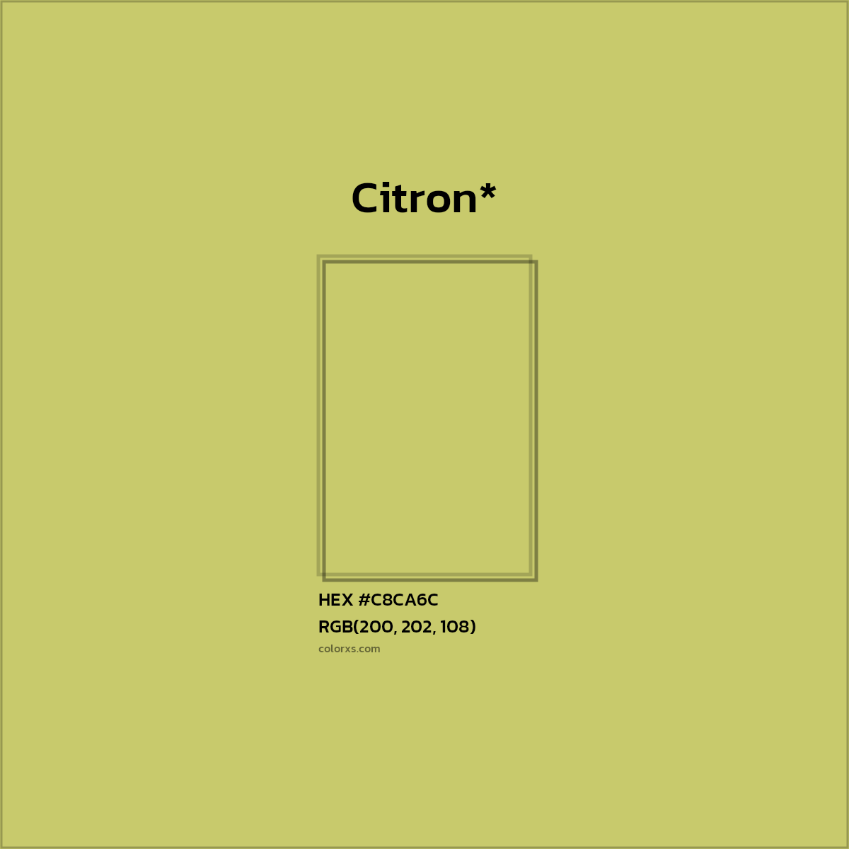 #C8CA6C hex color. RGB, RYB, CMYK, HSL, HSV codes and color conversions. Matching color names, palettes, paints.