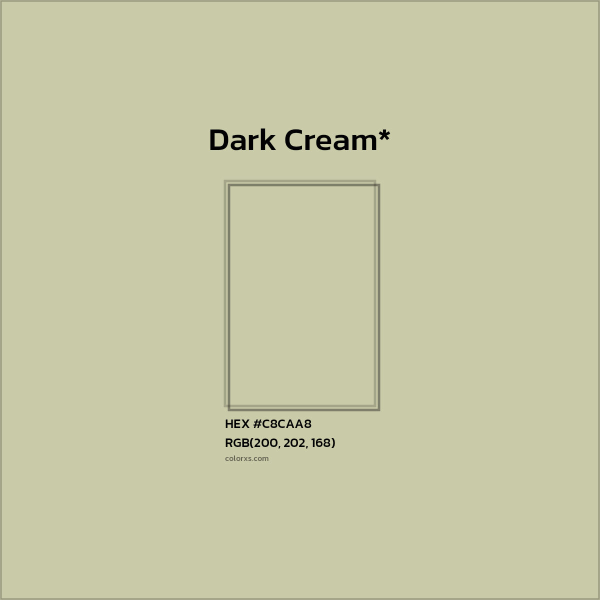 #C8CAA8 hex color. RGB, RYB, CMYK, HSL, HSV codes and color conversions. Matching color names, palettes, paints.