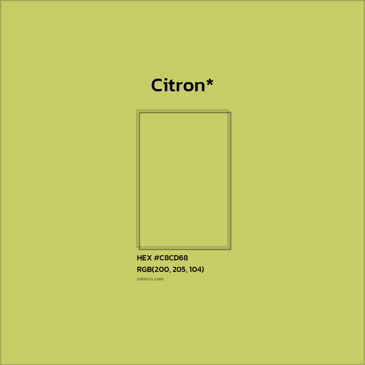 #C8CD68 hex color. RGB, RYB, CMYK, HSL, HSV codes and color conversions. Matching color names, palettes, paints.