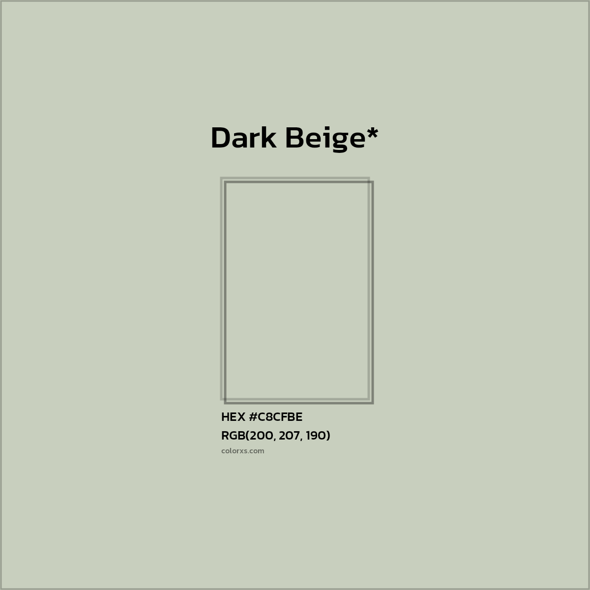 #C8CFBE hex color. RGB, RYB, CMYK, HSL, HSV codes and color conversions. Matching color names, palettes, paints.