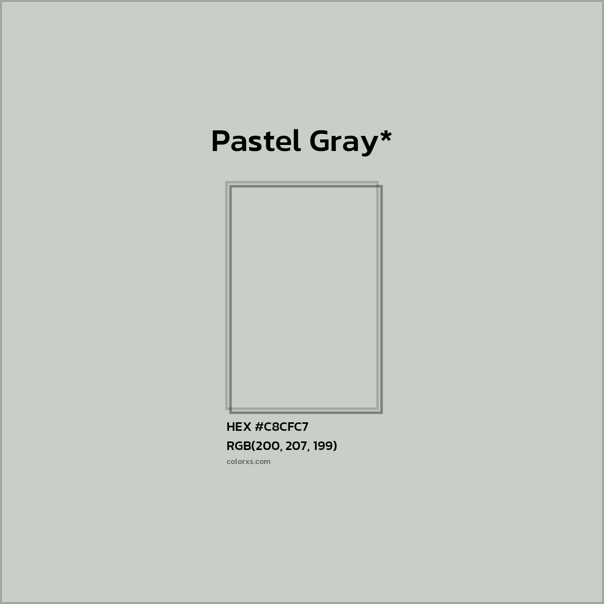 #C8CFC7 hex color. RGB, RYB, CMYK, HSL, HSV codes and color conversions. Matching color names, palettes, paints.