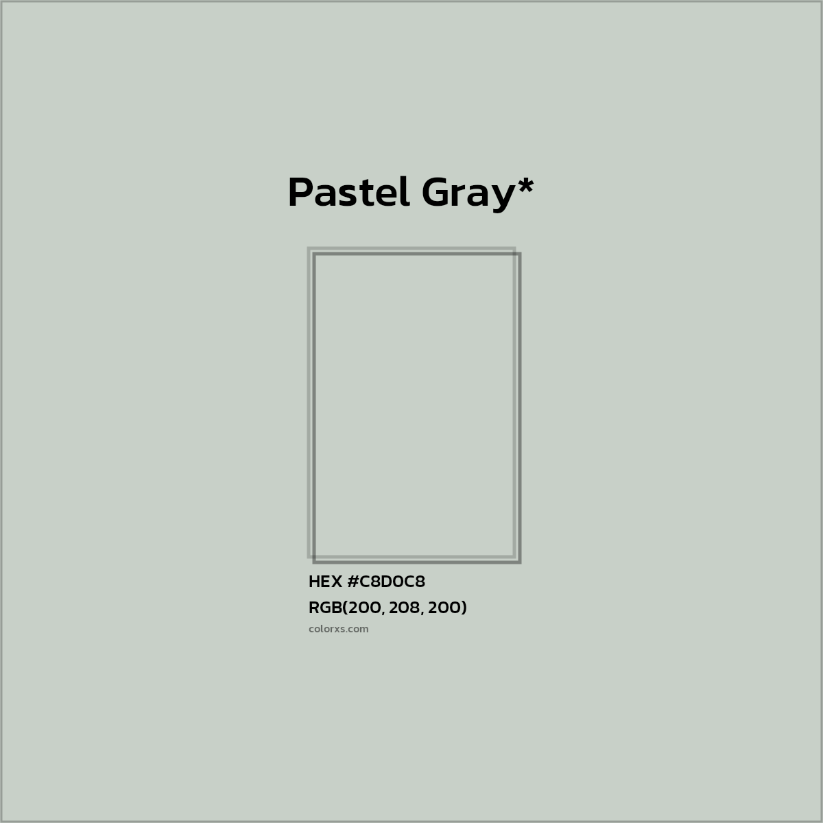 #C8D0C8 hex color. RGB, RYB, CMYK, HSL, HSV codes and color conversions. Matching color names, palettes, paints.