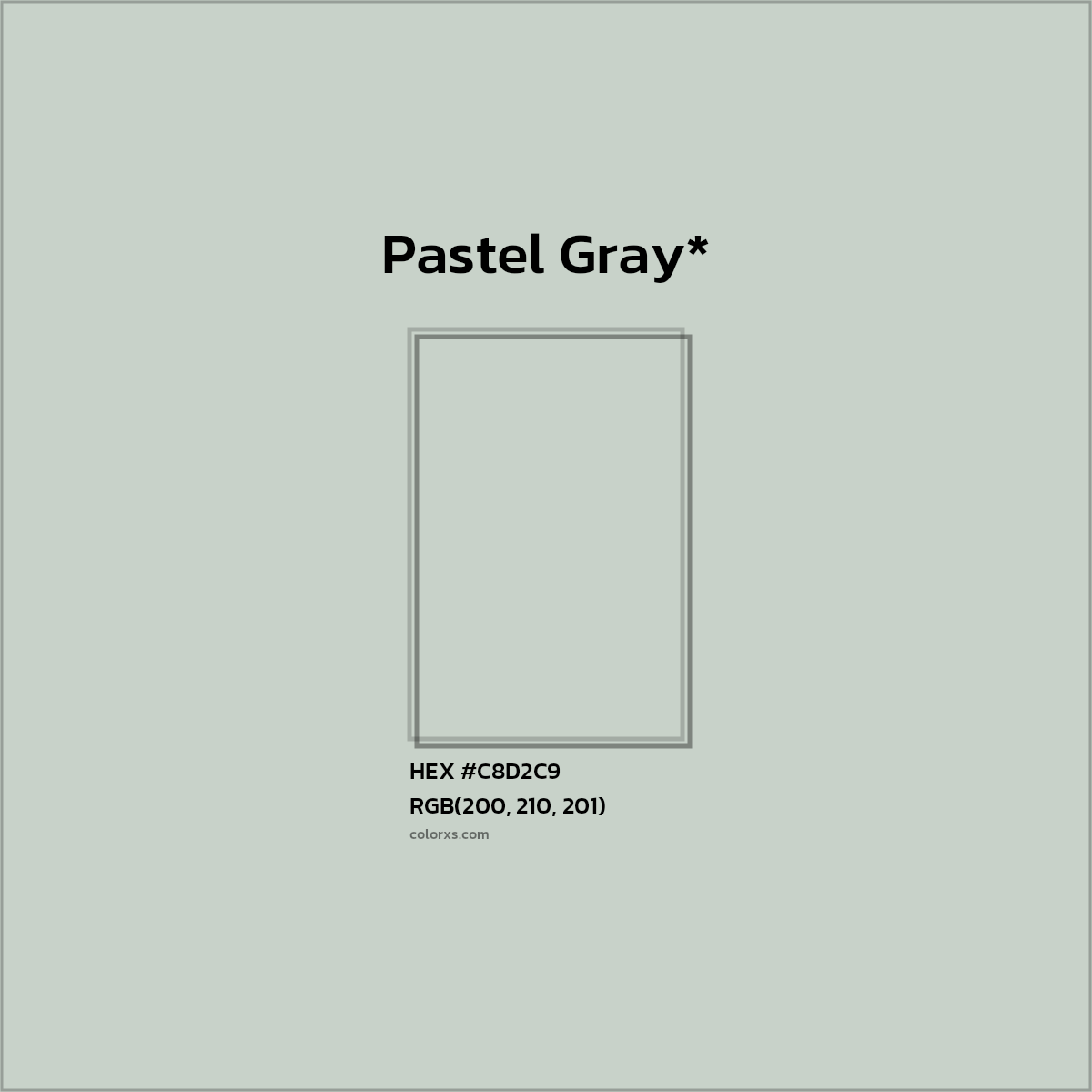 #C8D2C9 hex color. RGB, RYB, CMYK, HSL, HSV codes and color conversions. Matching color names, palettes, paints.