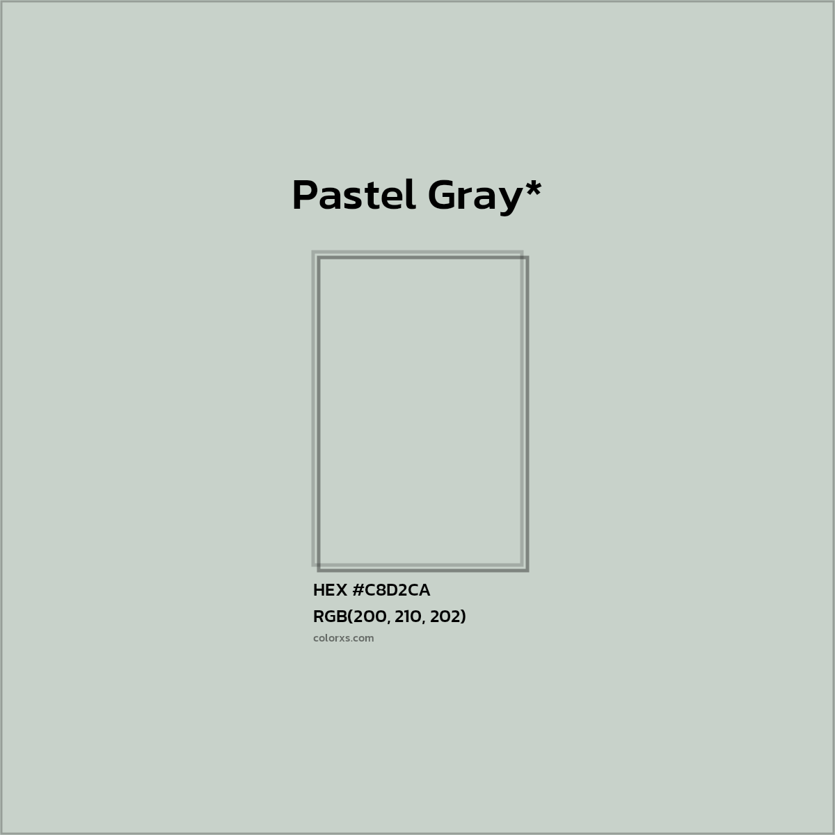 #C8D2CA hex color. RGB, RYB, CMYK, HSL, HSV codes and color conversions. Matching color names, palettes, paints.