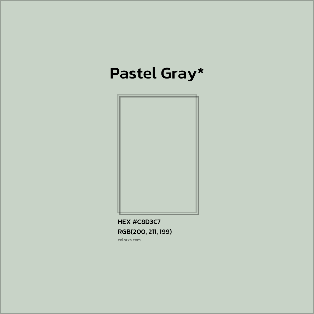 #C8D3C7 hex color. RGB, RYB, CMYK, HSL, HSV codes and color conversions. Matching color names, palettes, paints.